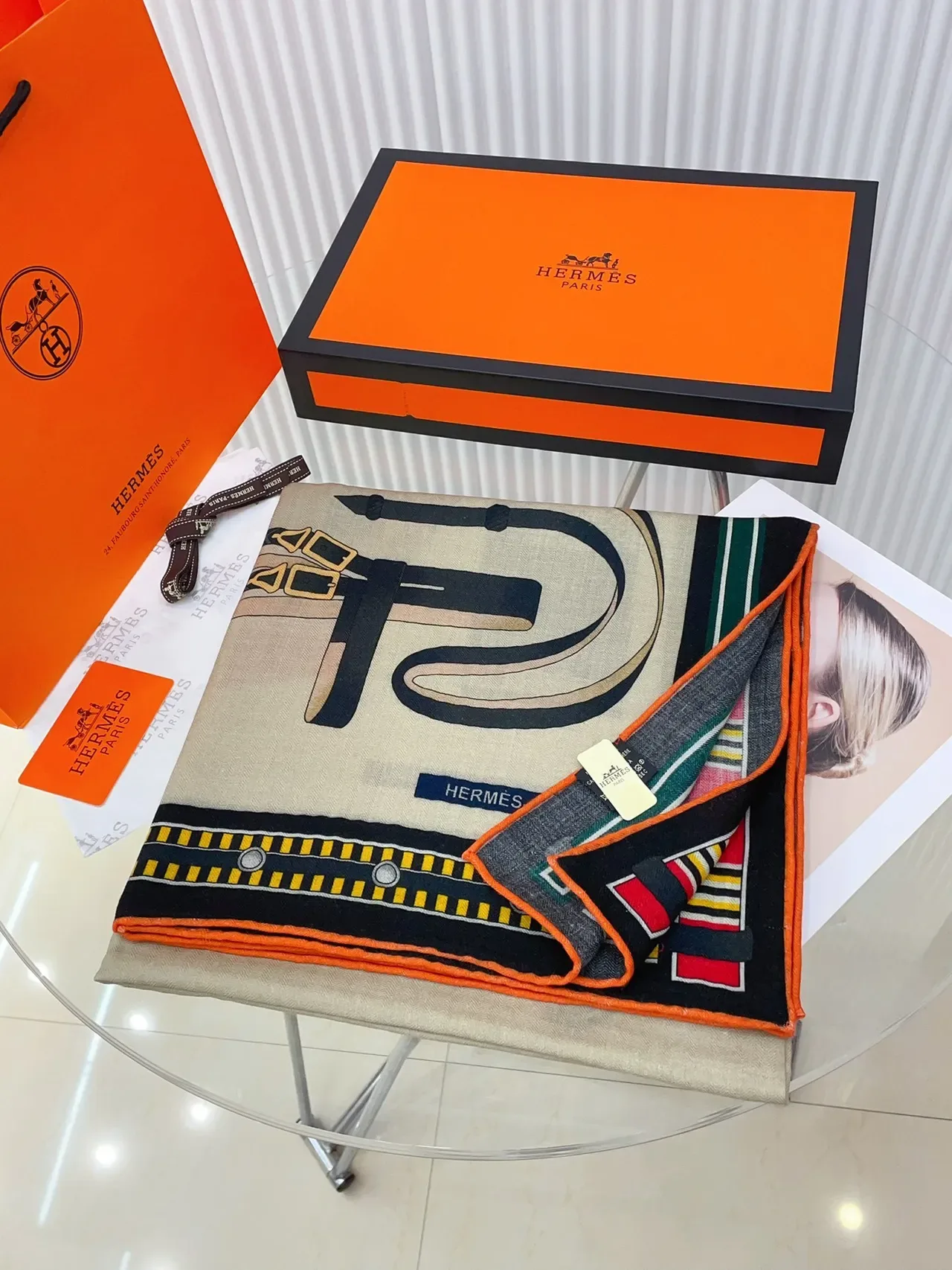 Hermès Beige Multicolor Printed Geometric And Heraldic Motifs Multi-Color Striped Border Scarve 5