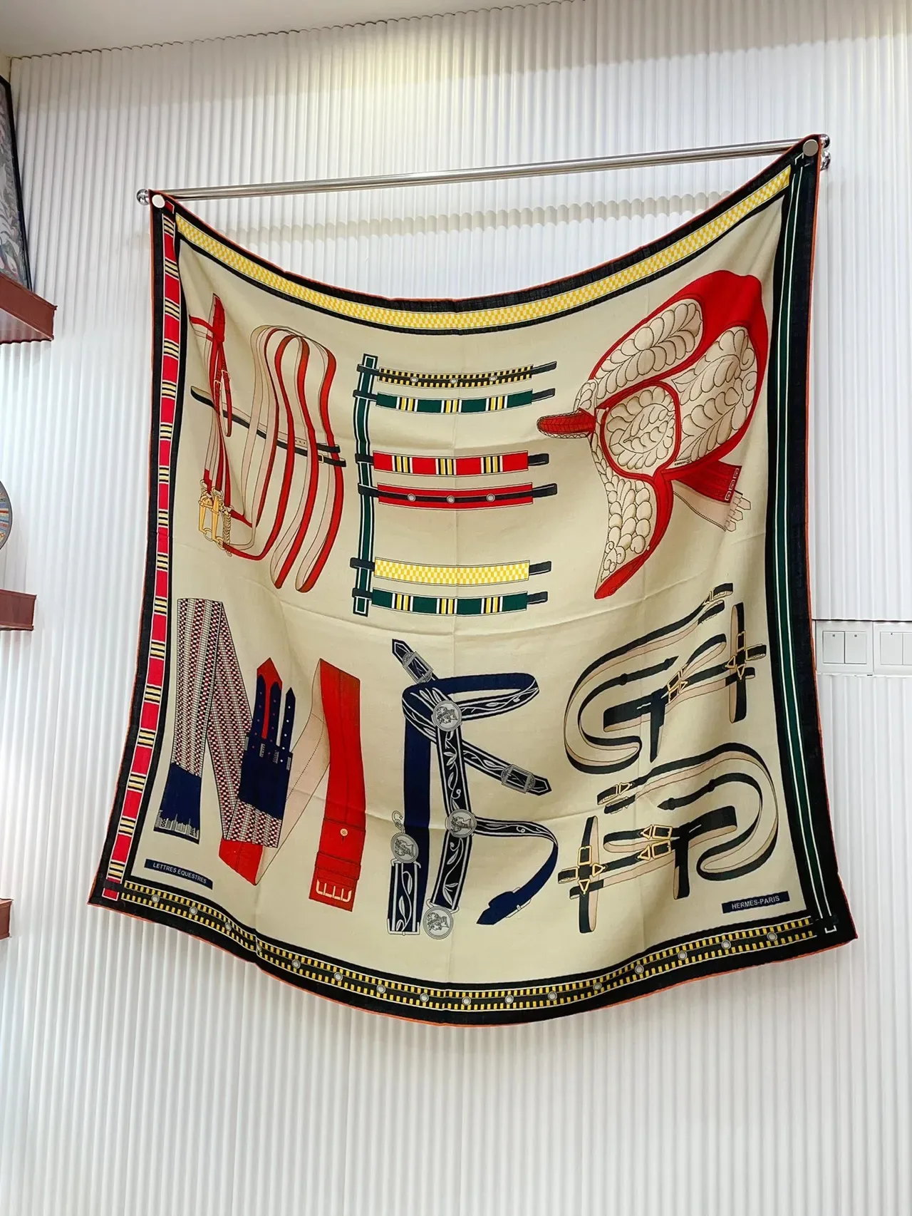 Hermès Beige Multicolor Printed Geometric And Heraldic Motifs Multi-Color Striped Border Scarve 6