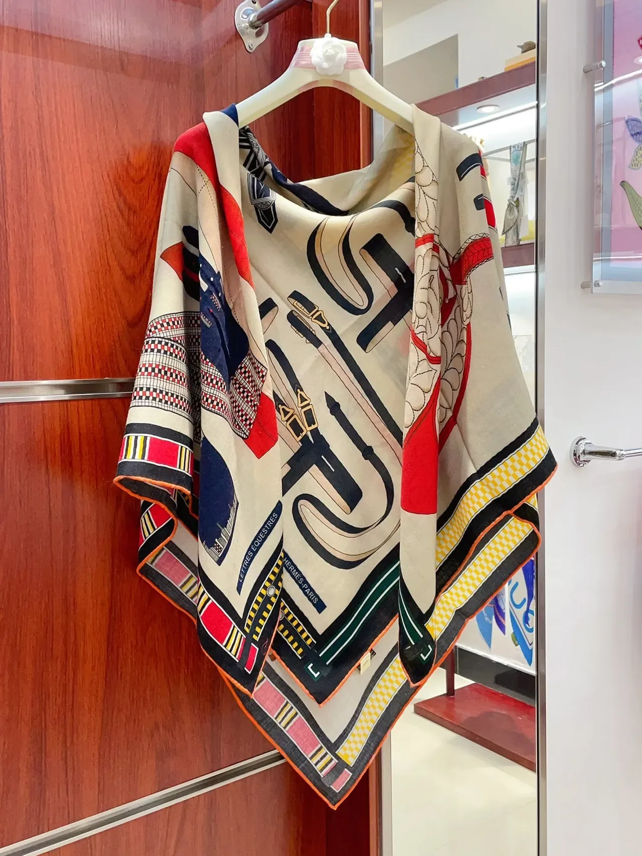 Hermès Beige Multicolor Printed Geometric And Heraldic Motifs Multi-Color Striped Border Scarve 7