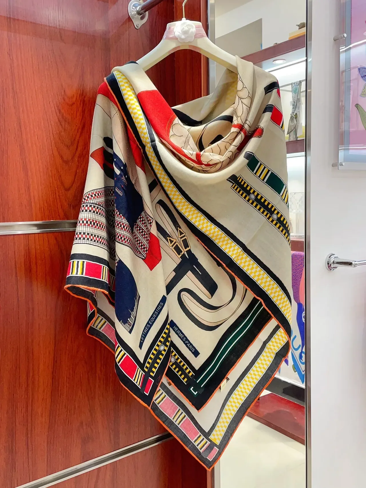 Hermès Beige Multicolor Printed Geometric And Heraldic Motifs Multi-Color Striped Border Scarve 8