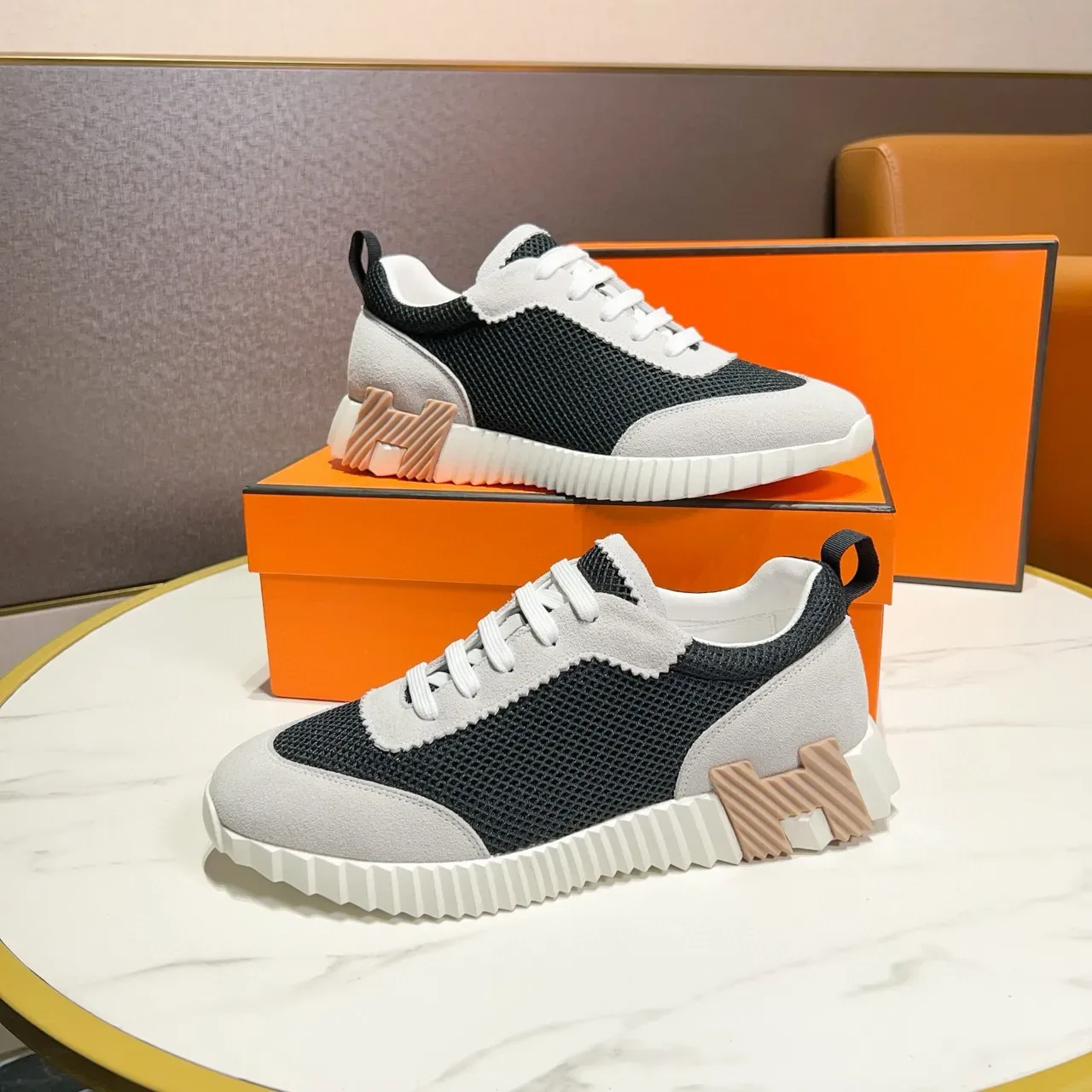 Hermès Black Gray Mesh And Suede Panel Construction Ridged White Midsole Lifestyle Sneakers 5