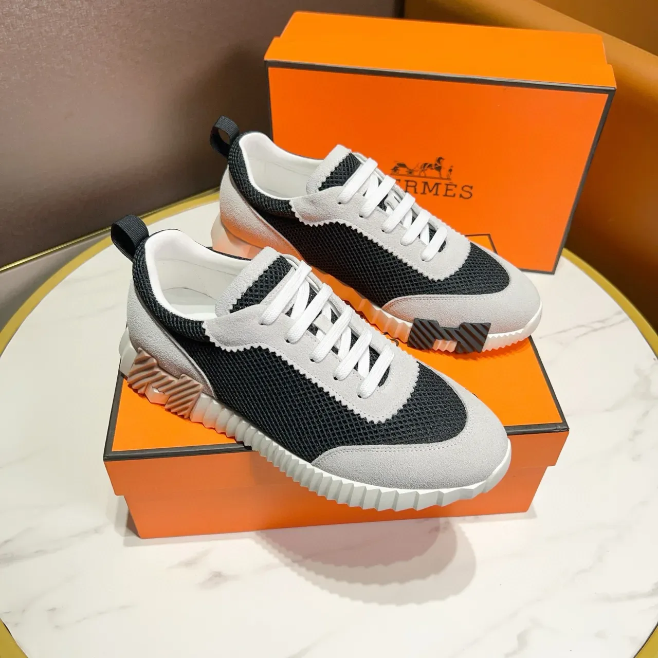 Hermès Black Gray Mesh And Suede Panel Construction Ridged White Midsole Lifestyle Sneakers 6