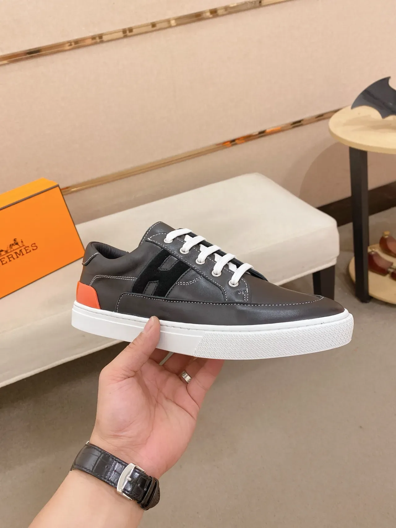 Hermès Black Orange Leather Upper H-Logo Side Panel Sneakers 5