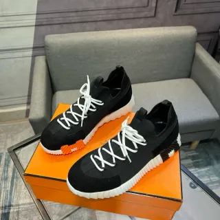 Hermès Black White Knit-Suede Hybrid Upper Sock-Fit Collar Sneakers