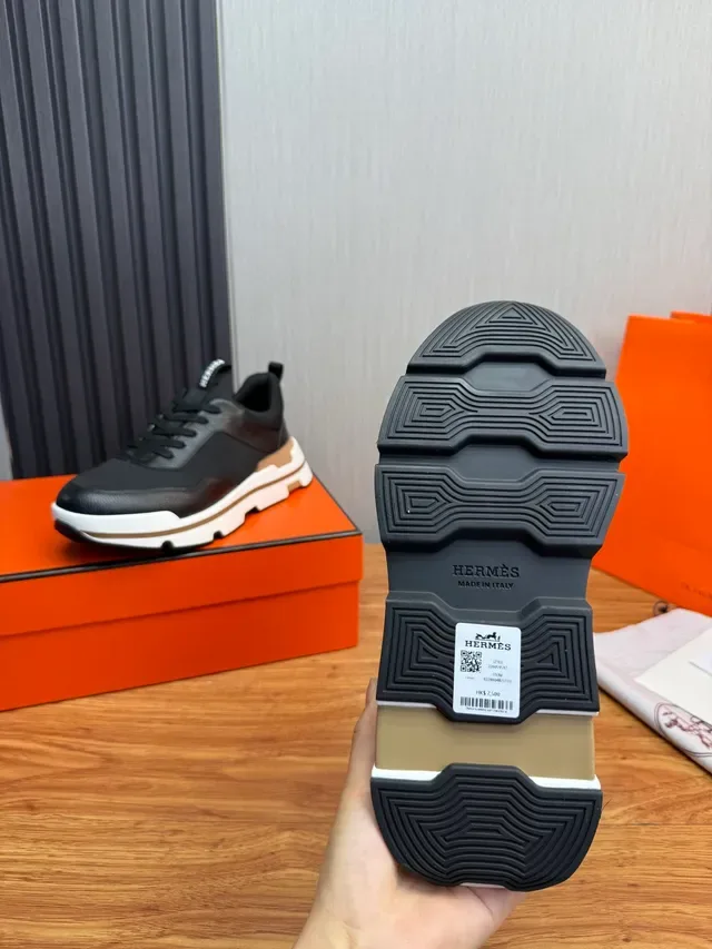 Hermès Black White Textile And Pebbled Leather Upper Layered Tan Sole Sneakers 2
