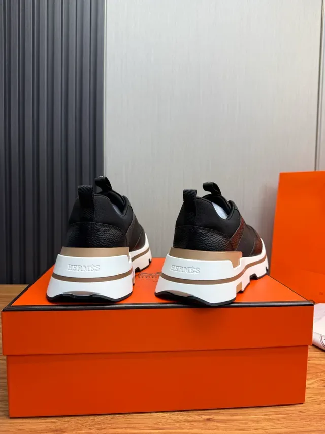 Hermès Black White Textile And Pebbled Leather Upper Layered Tan Sole Sneakers 3