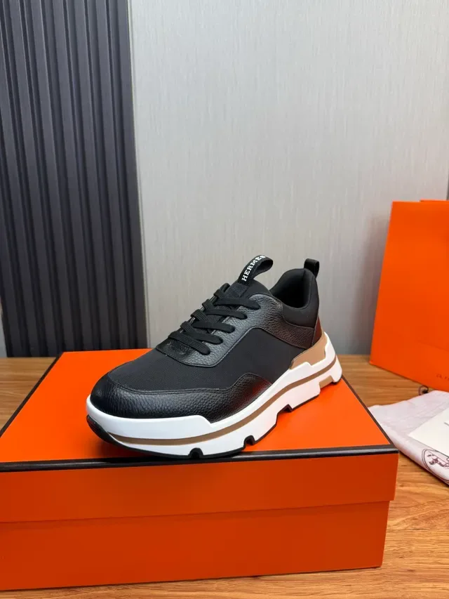 Hermès Black White Textile And Pebbled Leather Upper Layered Tan Sole Sneakers 5