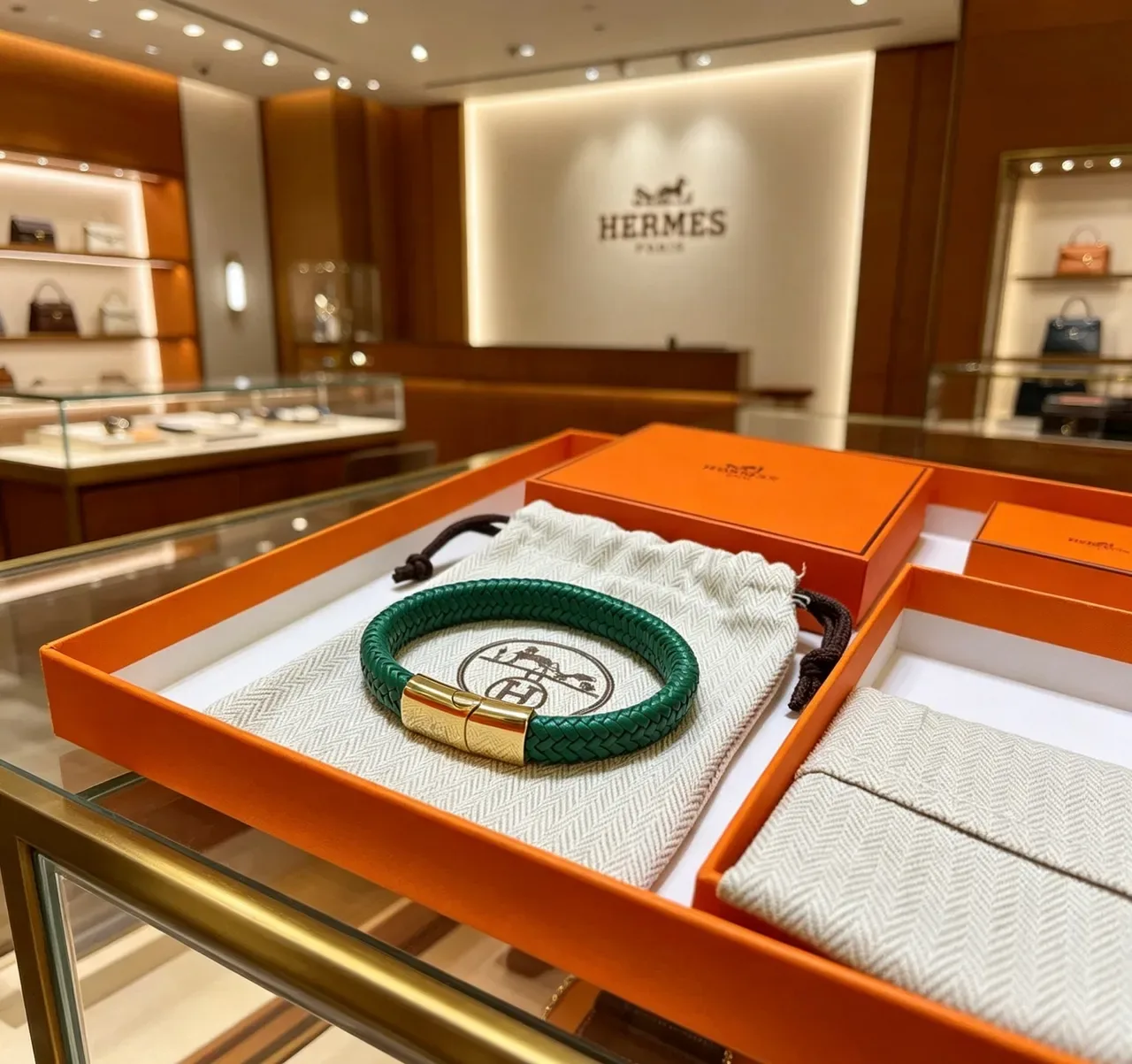 Bracelet Hermès Cuir Vert Tressé Fermoir Doré 3