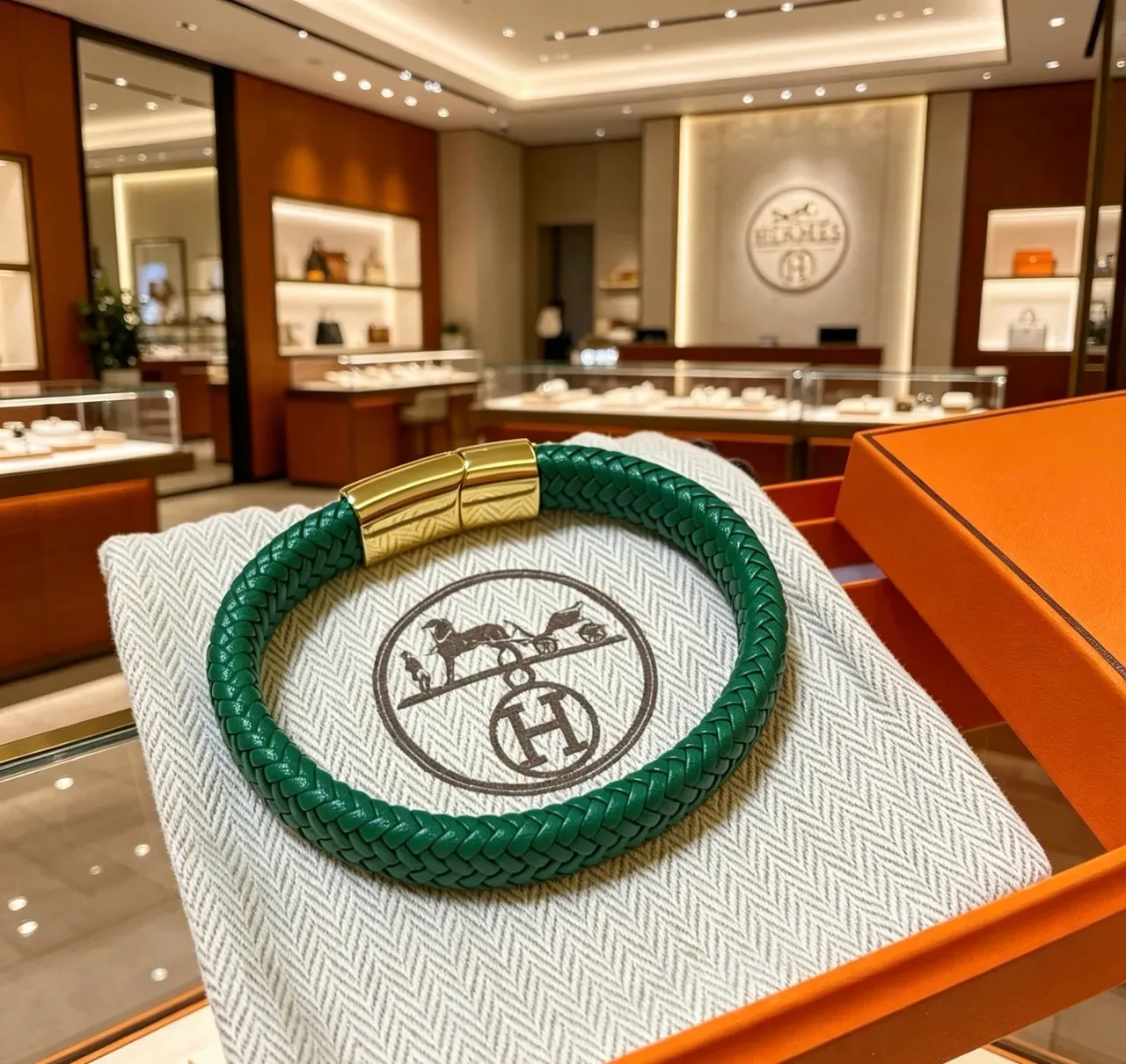 Bracelet Hermès Cuir Vert Tressé Fermoir Doré 7