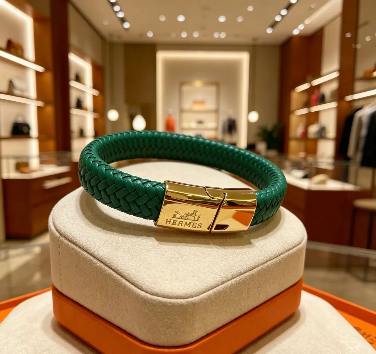 Bracelet Hermès Cuir Vert Tressé Fermoir Doré 9