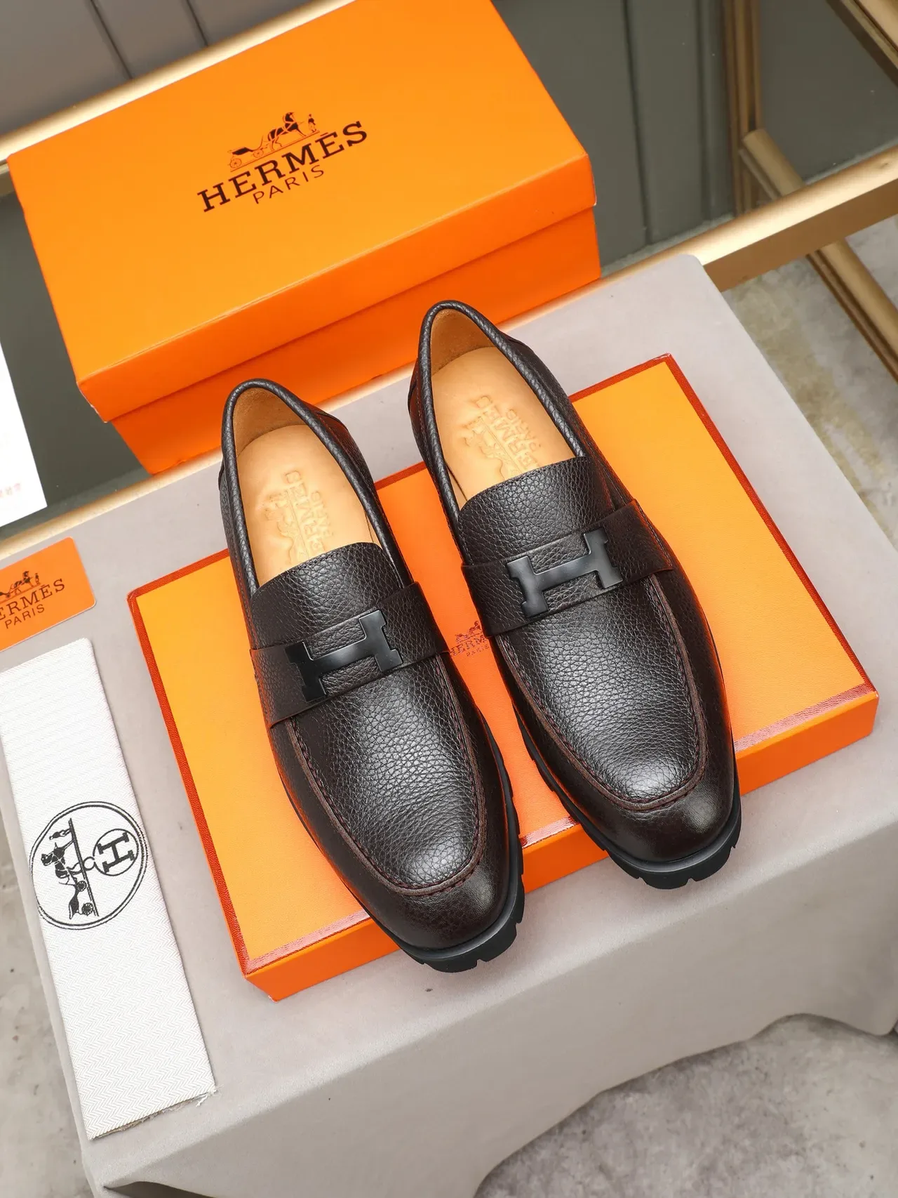 Hermès Brown Black Pebbled Leather H-Buckle Strap Loafer 2