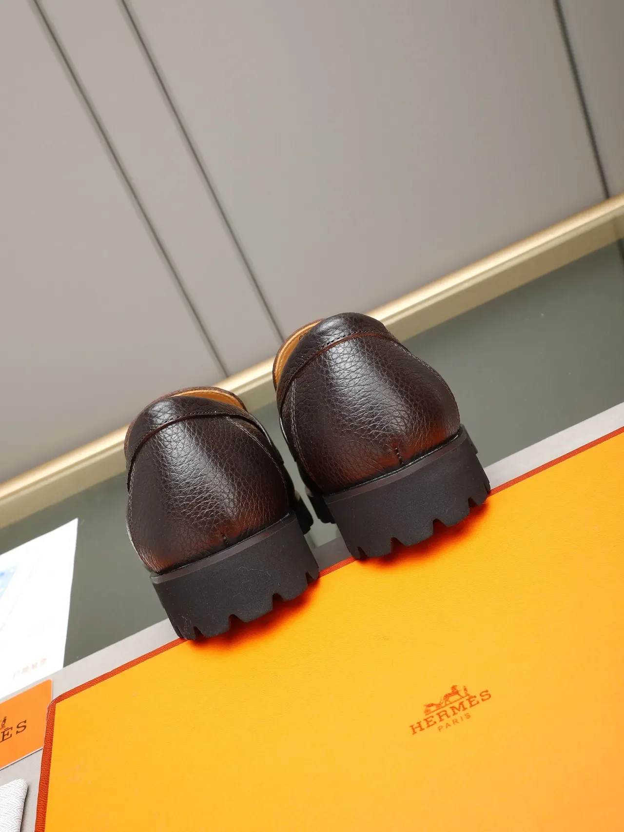 Hermès Brown Black Pebbled Leather H-Buckle Strap Loafer 3