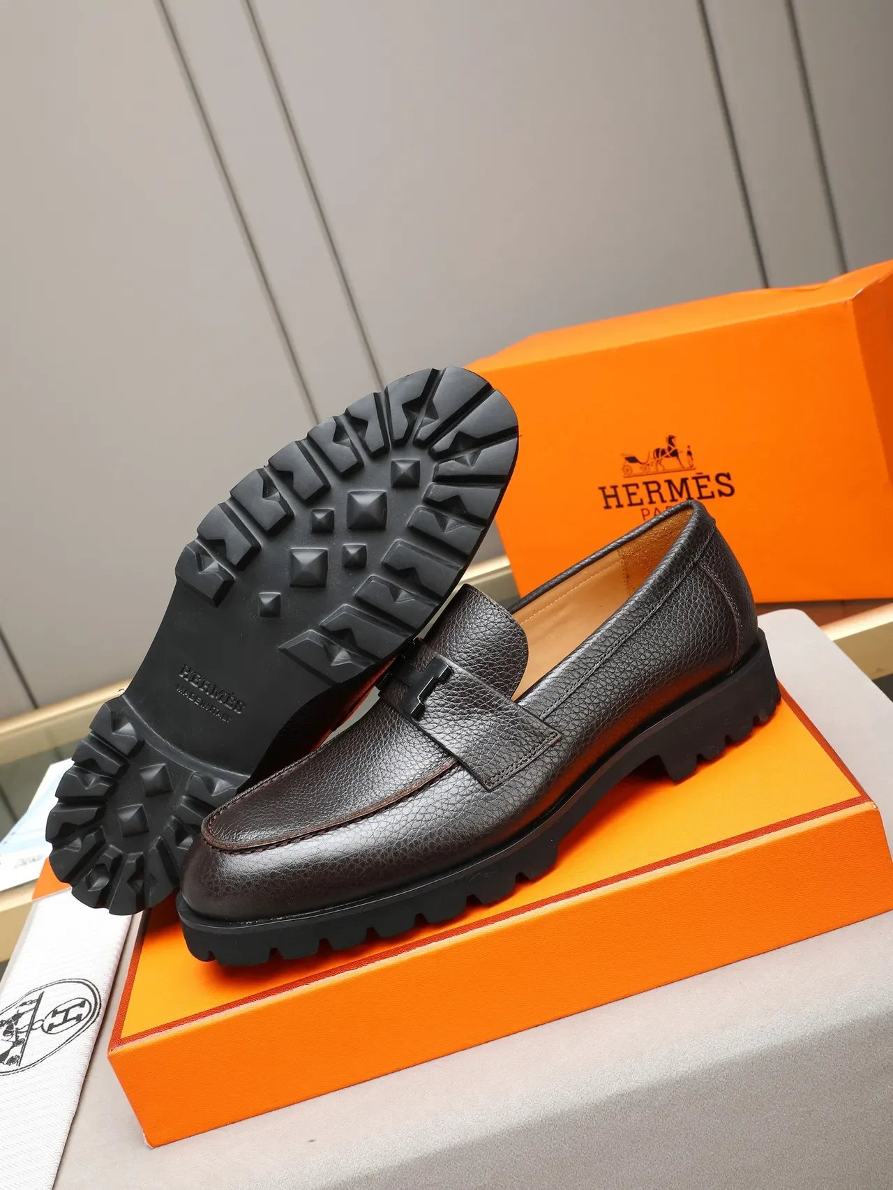 Hermès Brown Black Pebbled Leather H-Buckle Strap Loafer 4