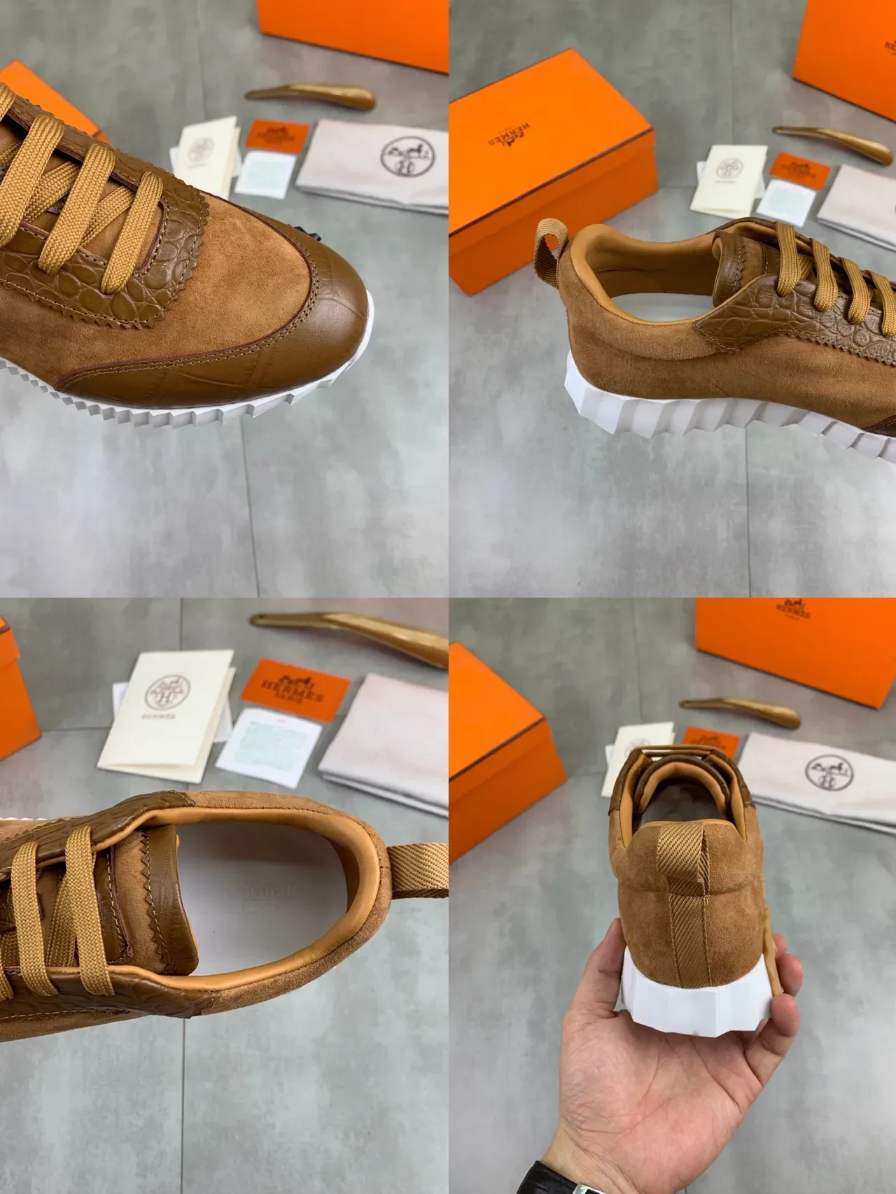 Hermès Brown White Crocodile-Embossed Leather Suede Upper Lifestyle Sneakers 2