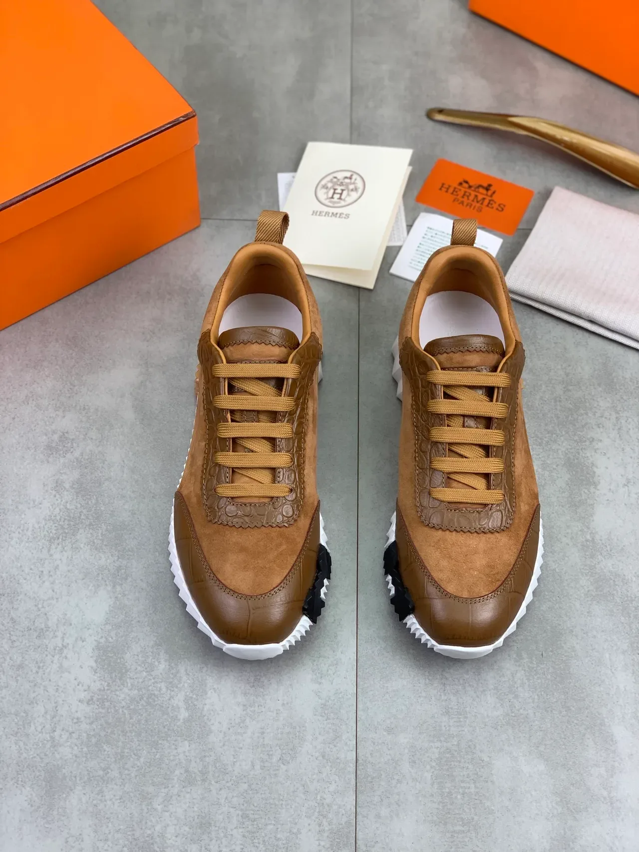 Hermès Brown White Crocodile-Embossed Leather Suede Upper Lifestyle Sneakers 4