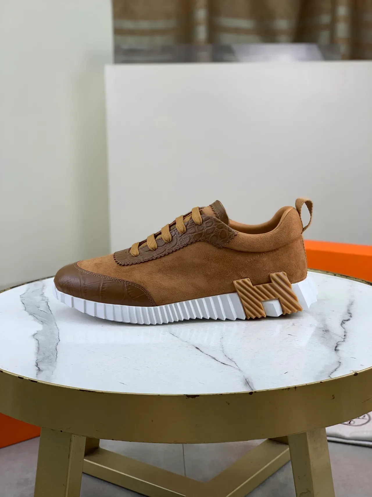 Hermès Brown White Crocodile-Embossed Leather Suede Upper Lifestyle Sneakers 5