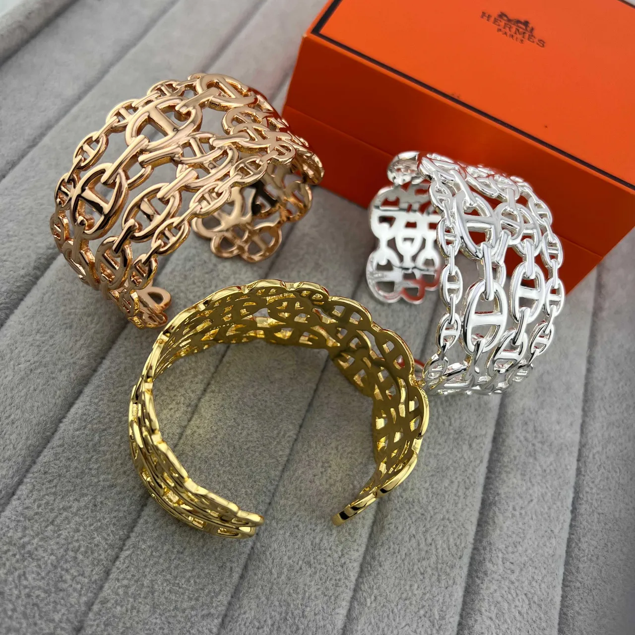 Hermès Chaine d'Ancre Ouro Prata Interlocking H-Link Chain Pulseira de Pulso Larga 2