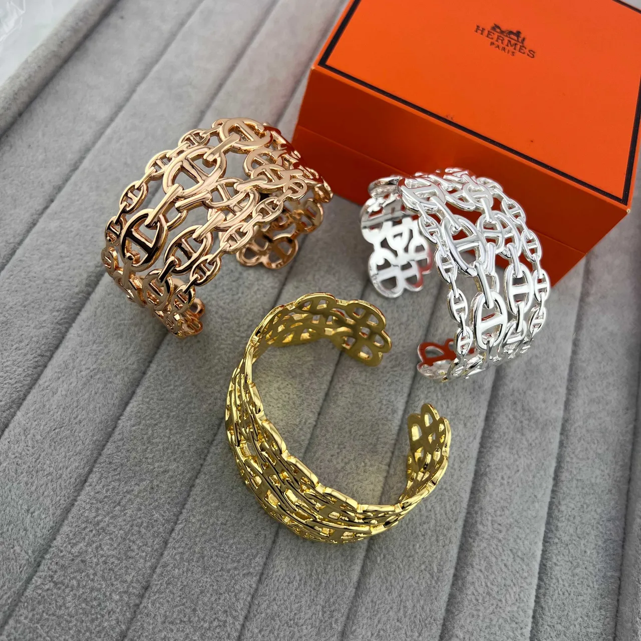 Hermès Chaine d'Ancre Ouro Prata Interlocking H-Link Chain Pulseira de Pulso Larga 3
