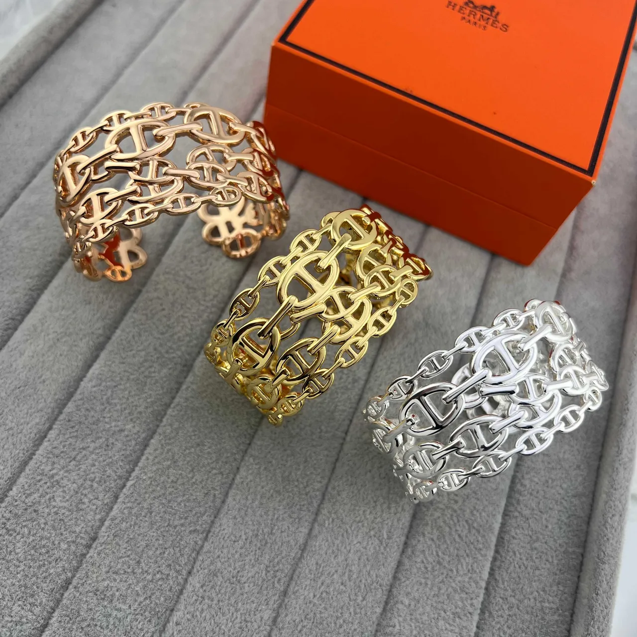 Hermès Chaine d'Ancre Ouro Prata Interlocking H-Link Chain Pulseira de Pulso Larga 4