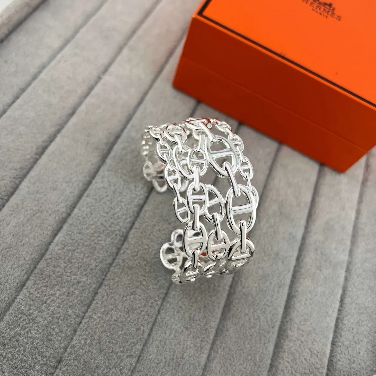 Hermès Chaine d'Ancre Ouro Prata Interlocking H-Link Chain Pulseira de Pulso Larga 7
