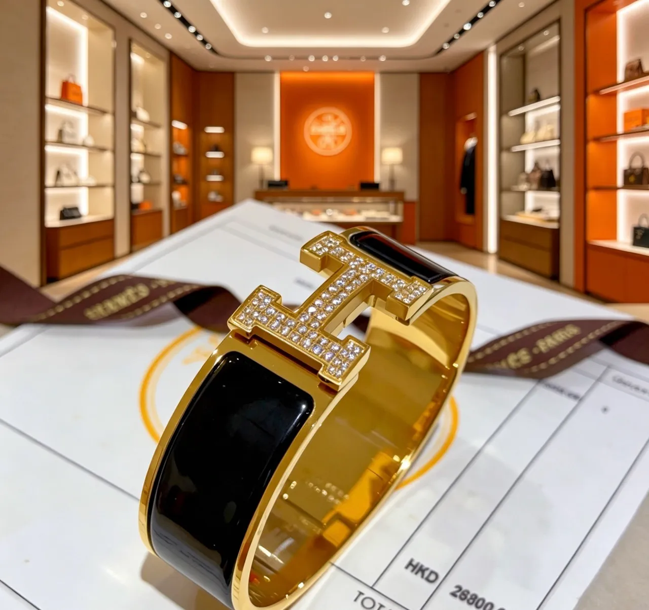 Hermès Clic H Pavé Crystal and Black Enamel Gold-Tone Bracelet 4