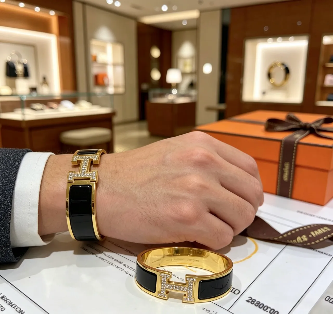 Hermès Clic H Pavé Crystal and Black Enamel Gold-Tone Bracelet 5