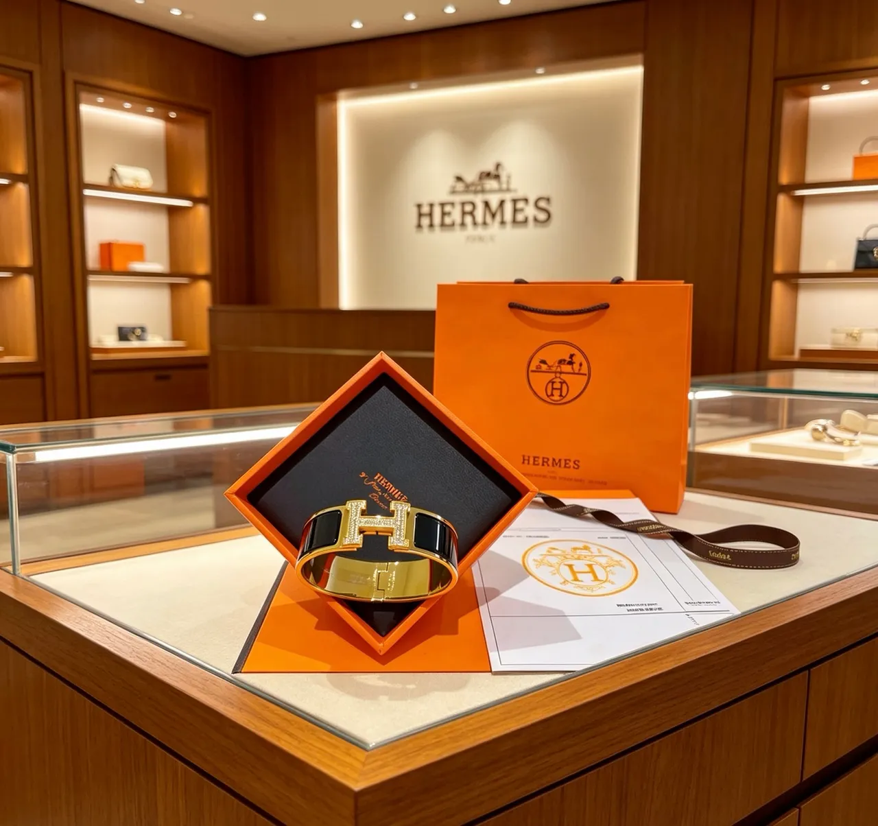 Hermès Clic H Pavé Crystal and Black Enamel Gold-Tone Bracelet 6