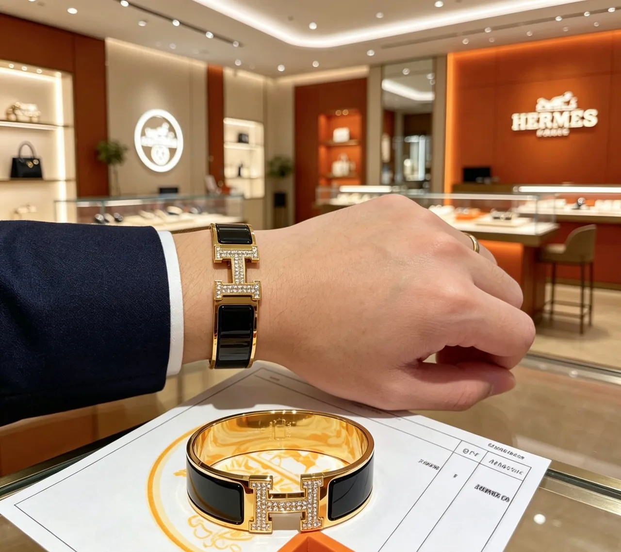 Hermès Clic H Pavé Crystal and Black Enamel Gold-Tone Bracelet 8