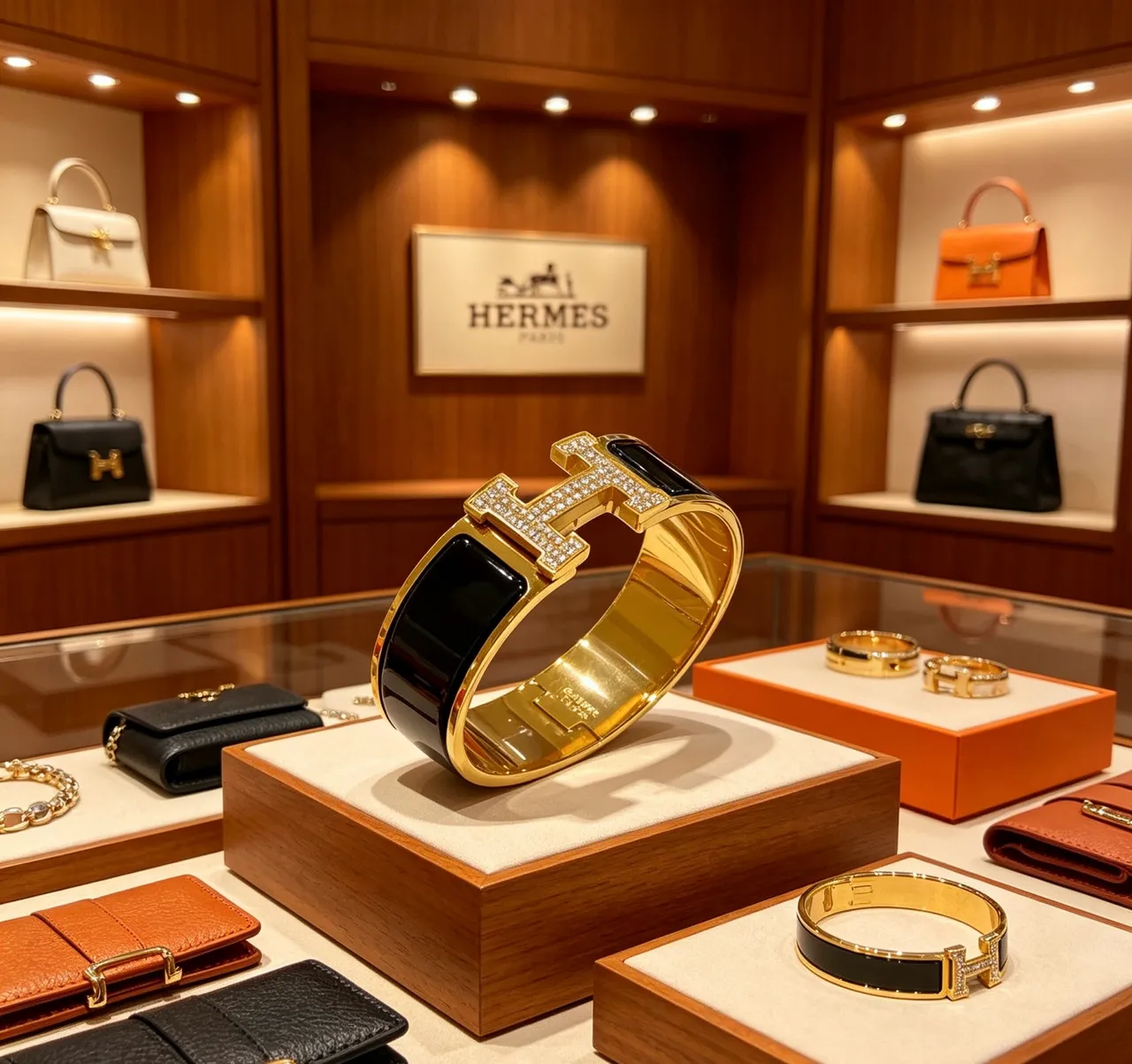 Hermès Clic H Pavé Crystal and Black Enamel Gold-Tone Bracelet 9