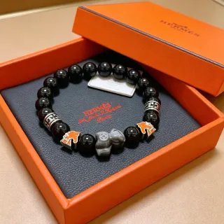 Hermès Éléphant Black Bead and Orange Enamel Elephant Charm Bracelet