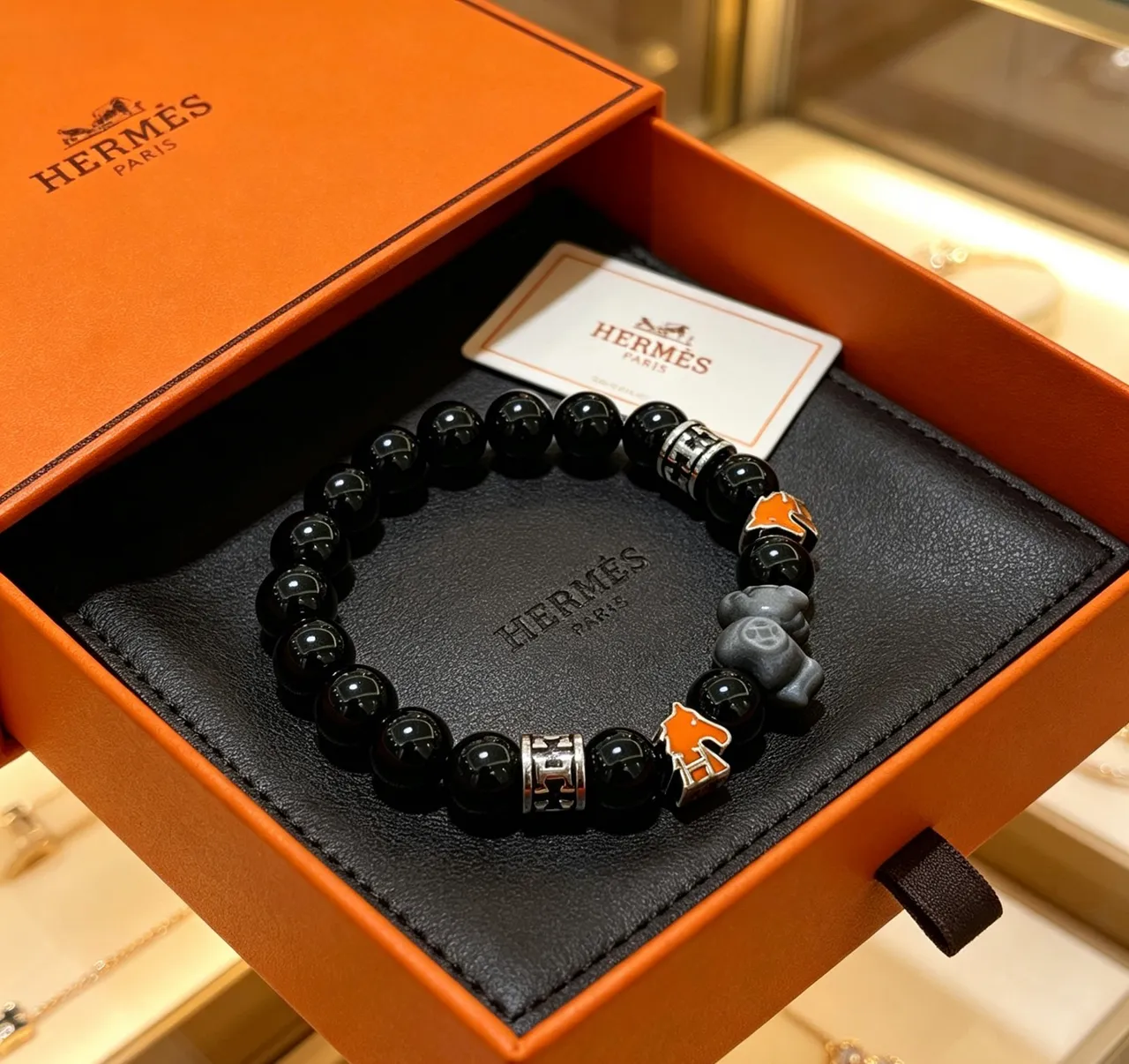 Hermès Éléphant Black Bead and Orange Enamel Elephant Charm Bracelet 2