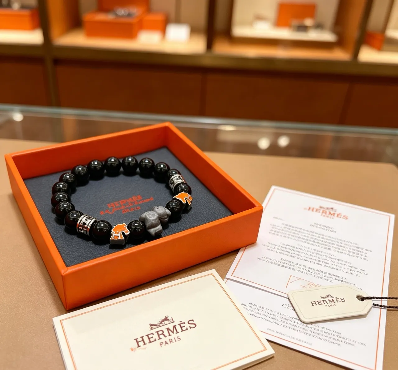 Hermès Éléphant Black Bead and Orange Enamel Elephant Charm Bracelet 4