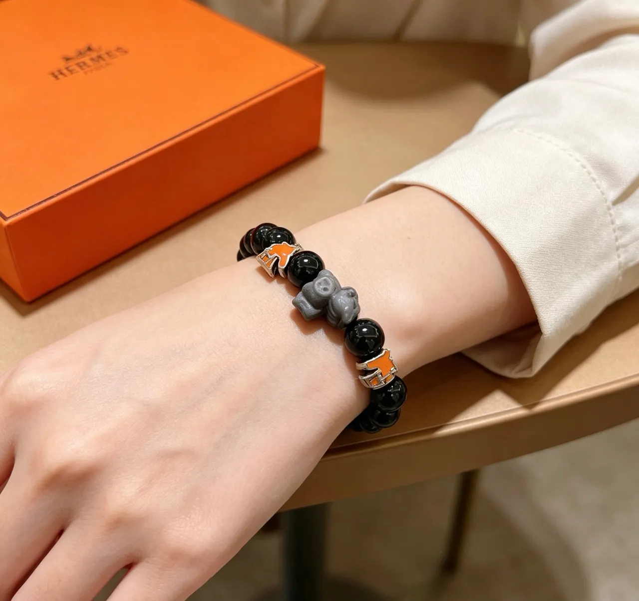 Hermès Éléphant Black Bead and Orange Enamel Elephant Charm Bracelet 7