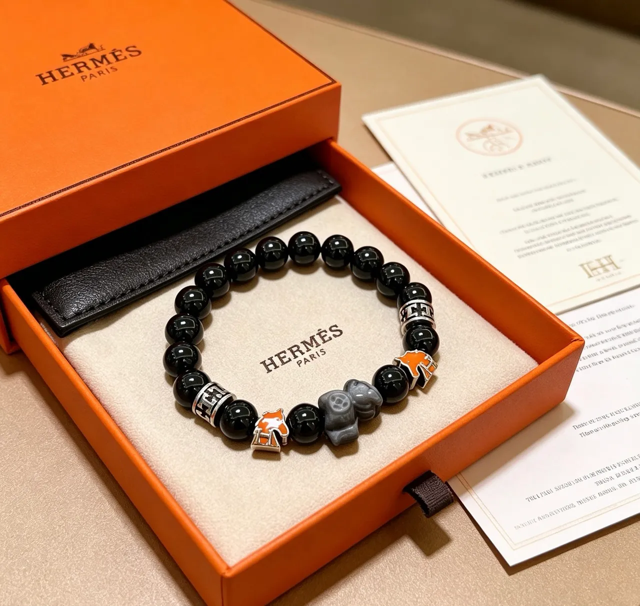 Hermès Éléphant Black Bead and Orange Enamel Elephant Charm Bracelet 9