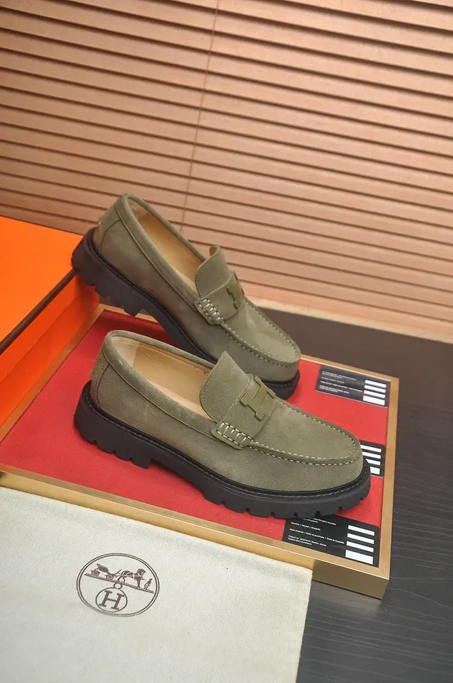 Hermès H-Buckle Loafer Army Green Black Daim Metal Loafer 4