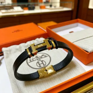 Hermès H-Clasp Pulsera de Cuero Negro Dorado
