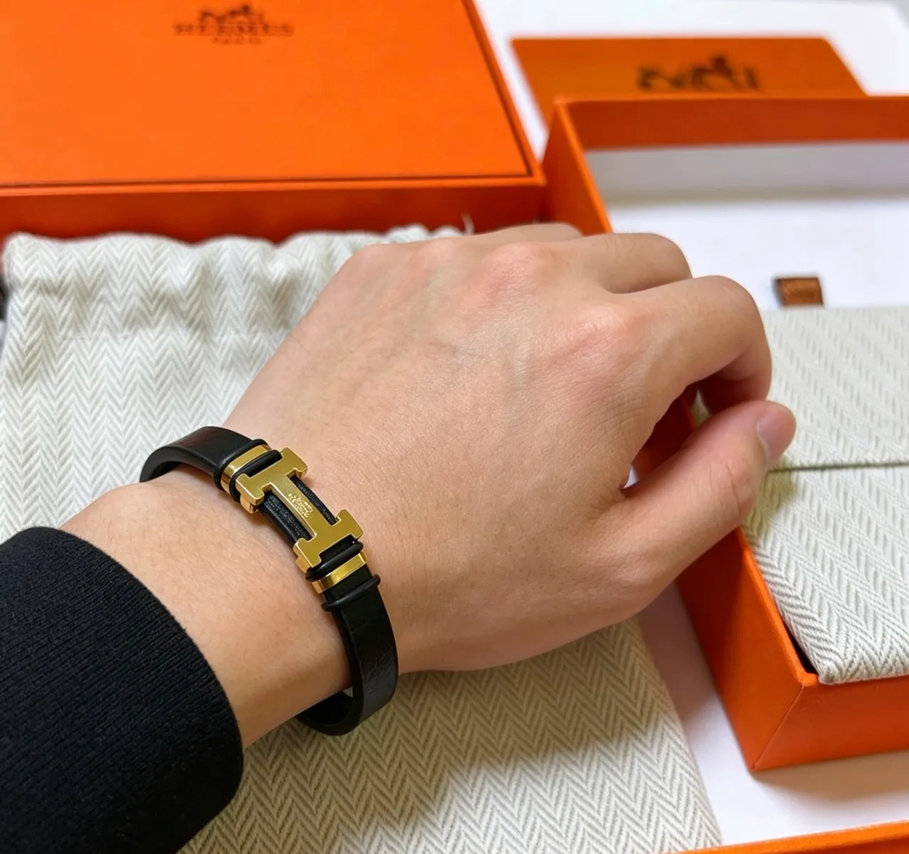 Hermès H-Clasp Black Leather Gold-Tone Bracelet 3