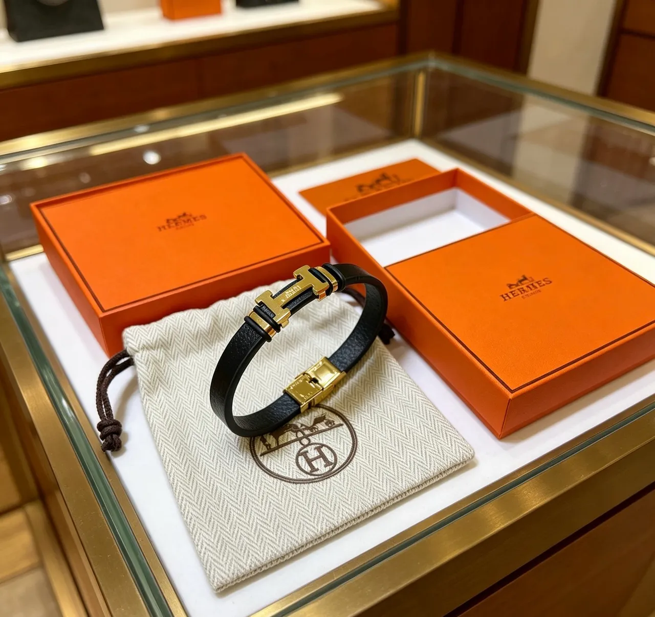 Hermès H-Clasp Black Leather Gold-Tone Bracelet 6