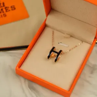 Hermès H Gold Black Pendant Enamel Inlay Necklace