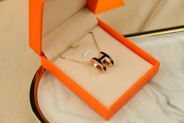 Hermès H Gold Black Pendant Enamel Inlay Necklace 2