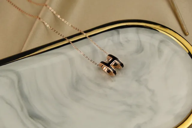 Hermès H Gold Black Pendant Enamel Inlay Necklace 4
