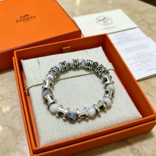 Hermès H Motif Marbled Stone and Silver-Tone Beaded Bracelet