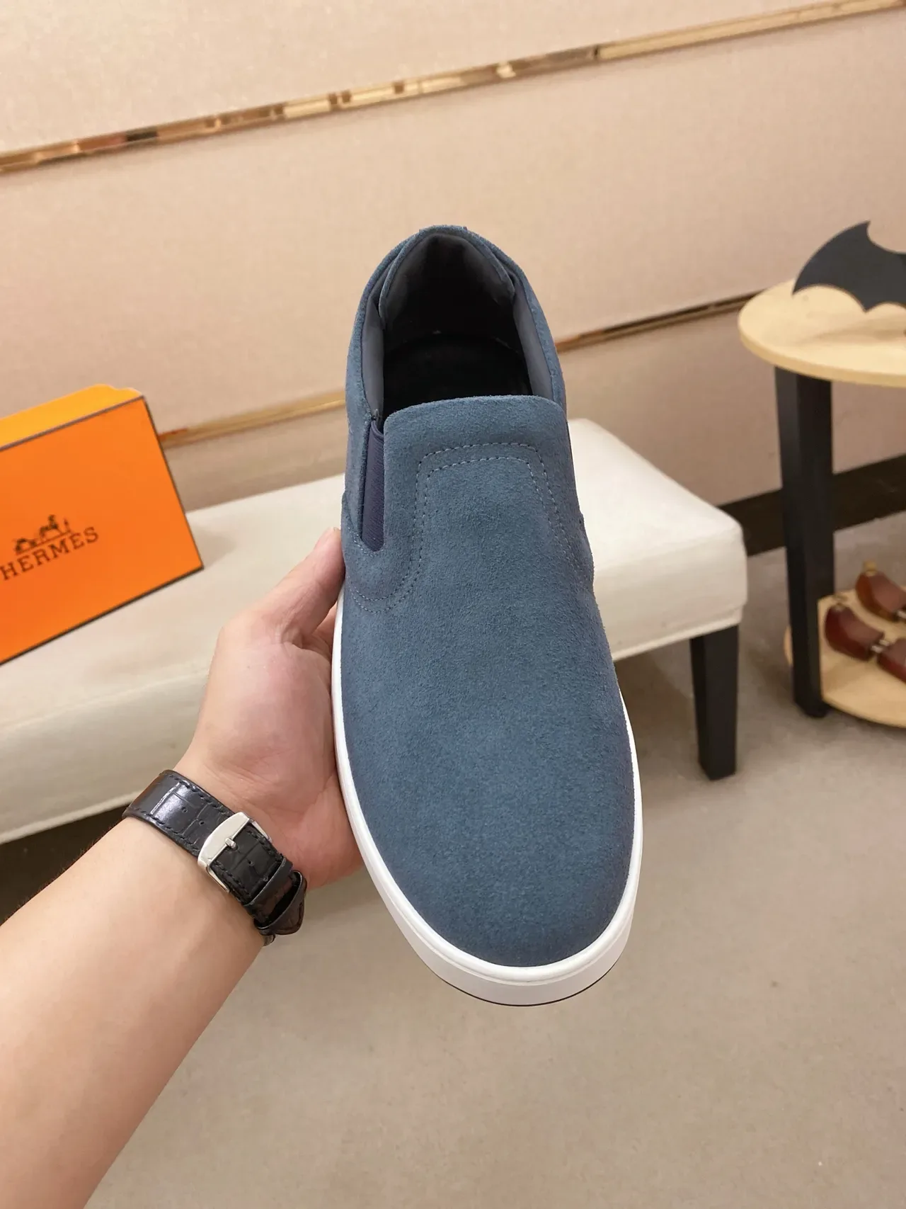 Hermès H-Slip-On Sneakers Lifestyle Daim Bleu Semelle Blanche 5