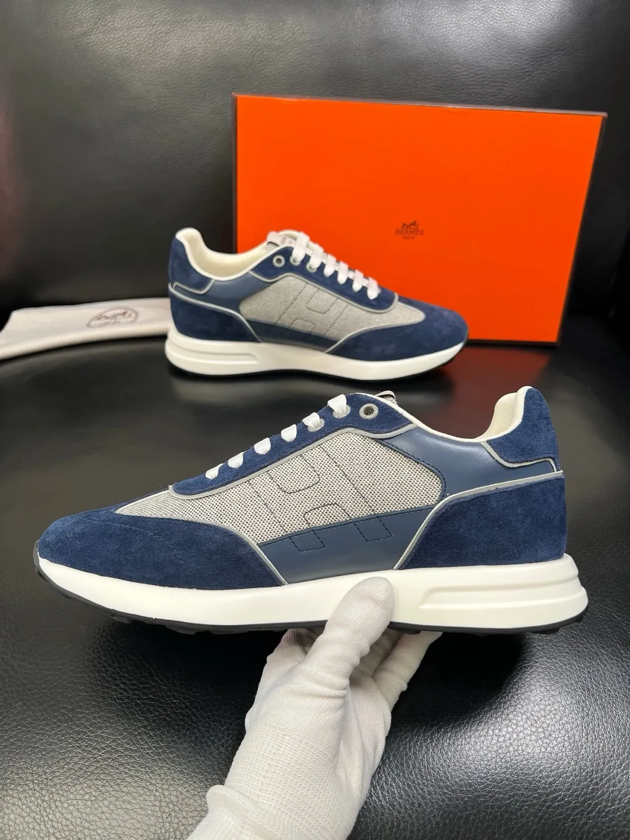Hermès H-Sneaker Navy Blue and Gray Mesh Lifestyle Sneakers 4