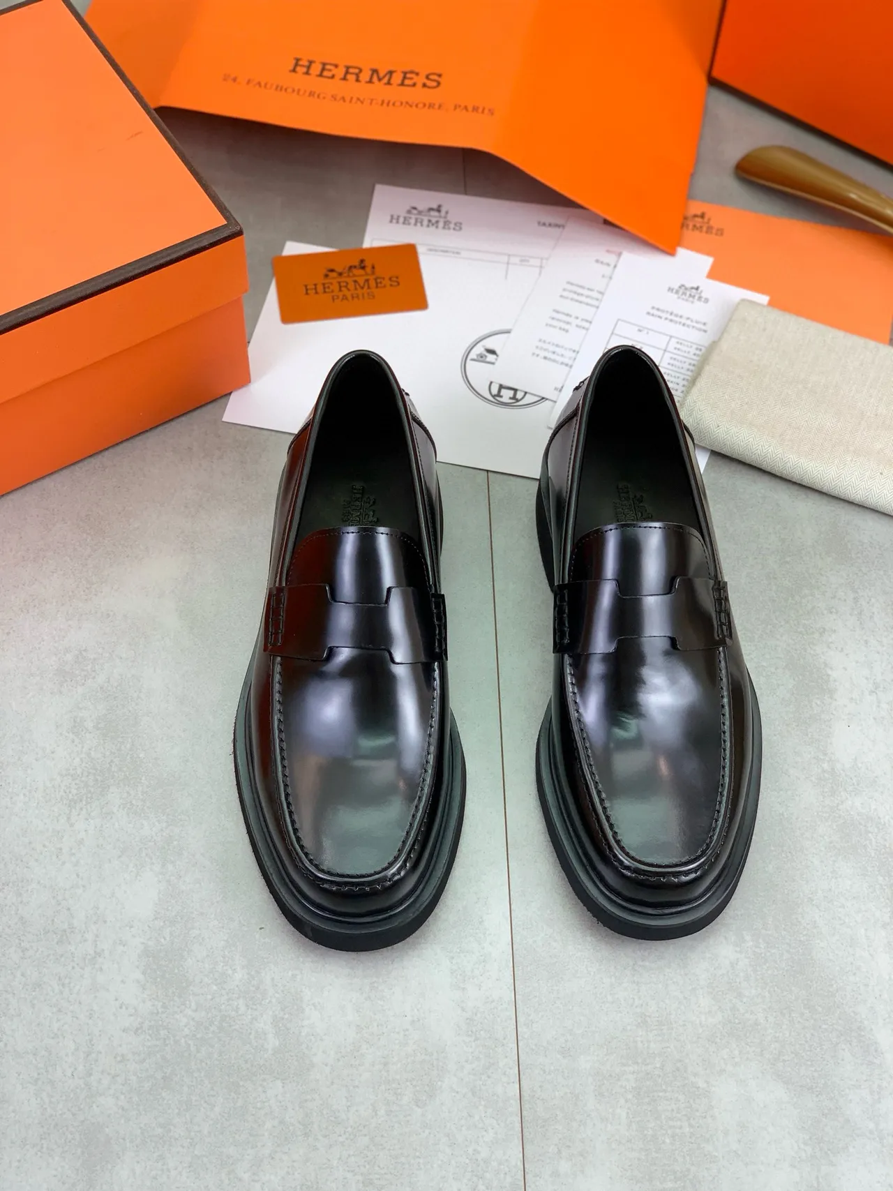 Hermès H-Strap Loafer Polished Black Leather Loafers 5