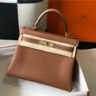Hermès Kelly Brown Beige Structured Top-Handle Pebbled Leather Tote Bag