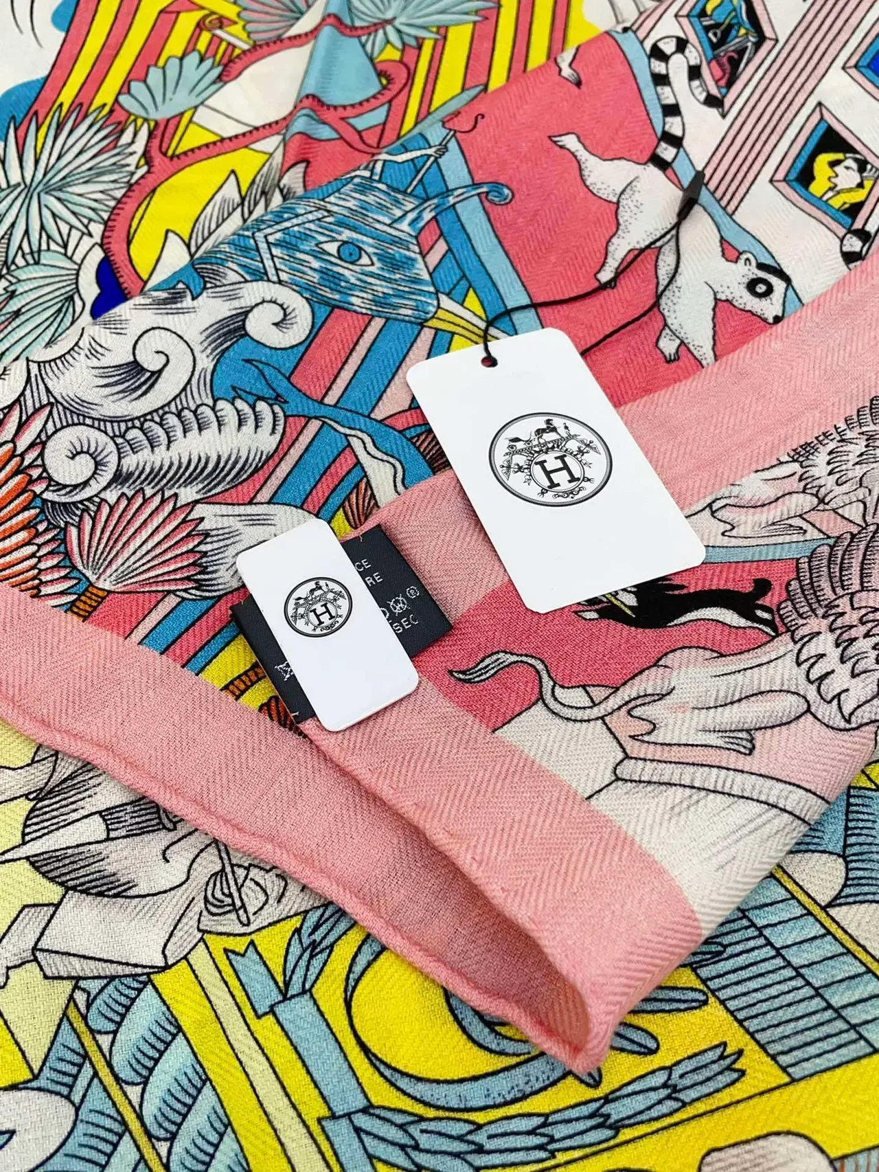 Hermès Multicolor Pink Vibrant Illustrated Motif Herringbone Border Scarve 1