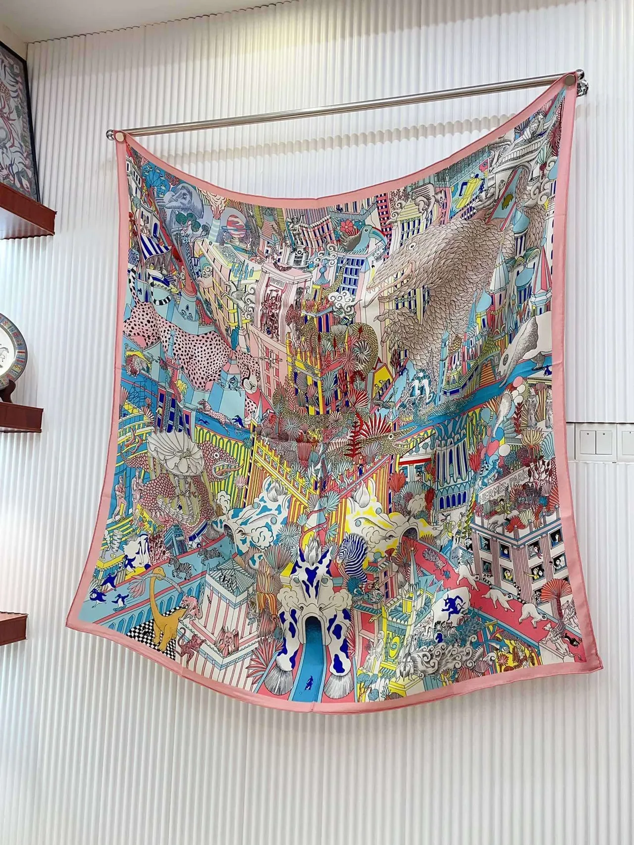 Hermès Multicolor Pink Vibrant Illustrated Motif Herringbone Border Scarve 6