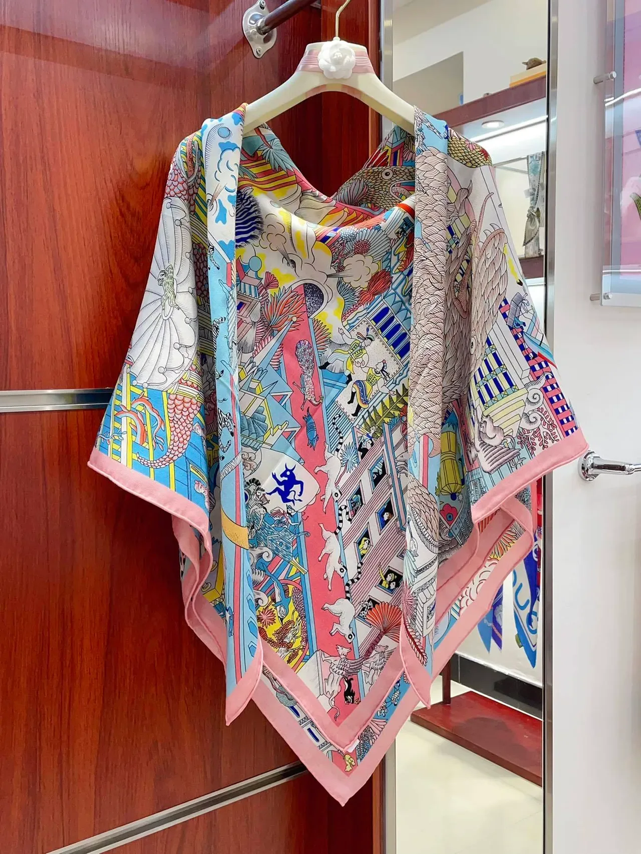 Hermès Multicolor Pink Vibrant Illustrated Motif Herringbone Border Scarve 7