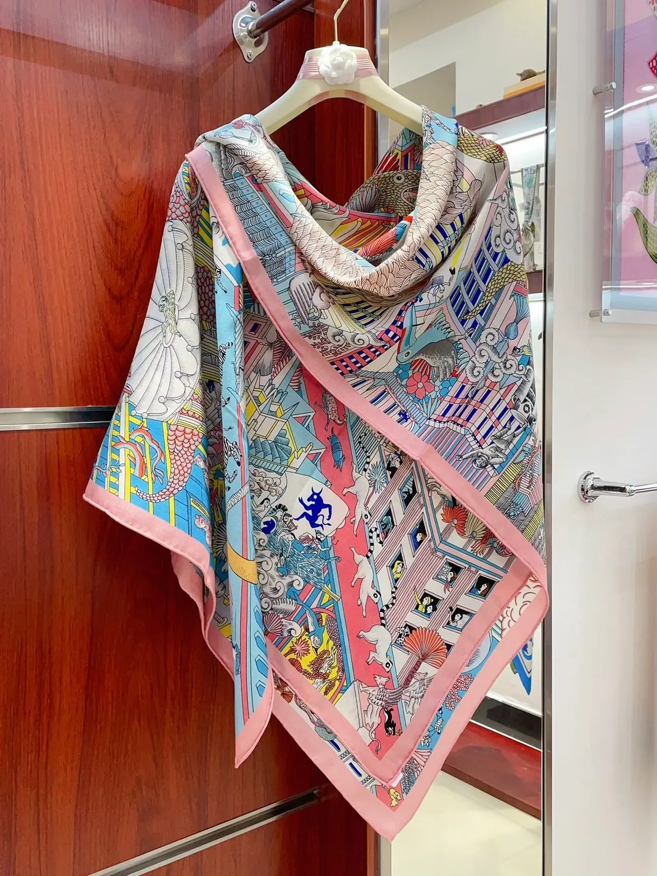 Hermès Multicolor Pink Vibrant Illustrated Motif Herringbone Border Scarve 8